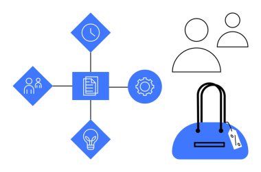 Saate, insanlara, teçhizata, ampul ikonlarına, kullanıcı profillerine, alışveriş çantasına bağlı merkezi belge simgesi. İş süreci, takım çalışması, zaman yönetimi yenilik organizasyonu alışveriş kullanıcısı için ideal
