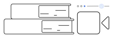 Bir video oynatma düğmesinin ve göstergeli bir ilerleme çubuğunun yanında yatay olarak istiflenmiş iki kitap. Eğitim, çevrimiçi öğrenim, öğretim içeriği, e-kitaplar, dijital kütüphane, multimedya kaynakları için ideal