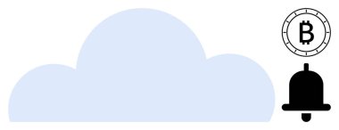 Mavi bulut, Bitcoin sembolü, uyarı çanı sembolü. Bulut hizmetleri, dijital finans, kripto para birimi, alarmlar, engelleme teknolojisi, fintech pazarlama, web uygulamaları için ideal. Satır metaforu