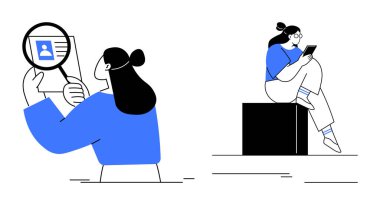 Otururken tablete bakan büyüteçle profil detaylarını inceleyen kişi. İşe alım, sosyal medya, kullanıcı araştırması, çevrimiçi doğrulama, dijital iletişim için ideal