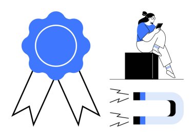 Blue ribbon symbolizing achievement, magnetic U-shape indicating attraction, person reading on a black block. Ideal for business, education, motivation, marketing, learning, leadership personal clipart