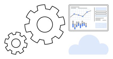 Dişliler işlemleri simgeler, bulut hesaplamasını temsil eder, veri tablosu analitiği simgeler. Teknoloji, veri entegrasyonu, süreç optimizasyonu, analitik, bilişim altyapısı, bulut için ideal