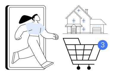 Akıllı telefondan inen bir kadın tebligat ve arka planda bir evle alışveriş arabasına doğru yürüyor. E-ticaret, dijital pazarlama, mobil alışveriş, online emlak, teknoloji için ideal