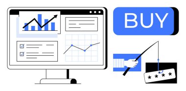 Belirgin bir satın alma düğmesi ve elinde bir kredi kartı bulunan çeşitli grafik ve çizelgeleri gösteren bir iş bilgisayarı ekranı. Finansal analiz, yatırım, e-ticaret, online için ideal