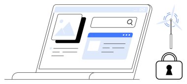 Arama çubuğu ve resimleri gösteren dizüstü bilgisayar, rüzgar türbini anteni ve asma kilidin yanında. Siber güvenlik, çevrimiçi mahremiyet, arama motorları, teknoloji, yenilenebilir enerji, İnternet güvenliği için ideal