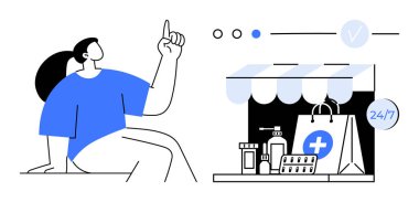 Eczanenin yanındaki sembolleri gösteren genç bir kadın. İçinde ilaç malzemeleri ve 247 servis var. Sağlık hizmetleri, çevrimiçi eczaneler, teletıp, tıbbi hizmetler, e-ticaret, kolaylık için ideal