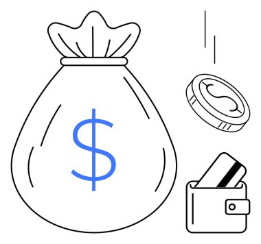 Üzerinde mavi dolar işareti olan para çantası, bozuk para, cüzdan ve kredi kartı var. Finans, bankacılık, tasarruf, yatırım, e-ticaret bütçesi ve parasal işlemler için ideal. Satır metaforu