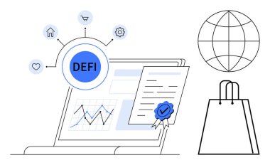 Finansal haritalı dizüstü bilgisayar, DEFI sembolü, mühürlü sertifika, alışveriş çantası ve dünya. Fintech, engelleme zinciri, kripto para birimi, e-ticaret küresel ticaret finans hizmetleri dijital varlıkları için ideal