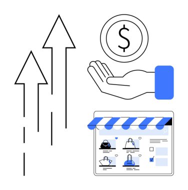 Ürünlerle çevrimiçi depolama arayüzü, büyümeyi gösteren üç yukarı doğru ok, uzanan elin üzerinde dolar işareti. İş, finans, e-ticaret, pazarlama, yatırım ve başarı artışı için ideal