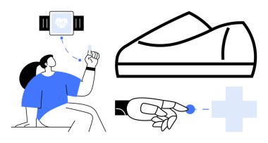 Kadın akıllı seğirmeyle, ayakkabı tasarımı taslağıyla, el ve parmak ucu sensörüyle bir haç sembolüne dokunuyor. Sağlık, teknoloji, fitness, yenilik, tıbbi cihazlar, giyilebilir teknoloji için ideal