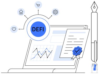 Finans tablosunu gösteren dizüstü bilgisayar, DeFi bağlantıları ve kalemle onaylanmış belge. Fintech, engelleme zinciri, yatırım analizi, dijital işlemler, güvenli belge imzalama için ideal