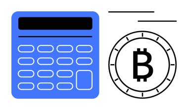 Bitcoin sembolünün yanında mavi bir mali hesap makinesi. Fintech, kripto para birimi, bütçe, finans eğitimi, yatırım stratejileri, dijital para birimi farkındalığı, finansal planlama için idealdir. Çizgi