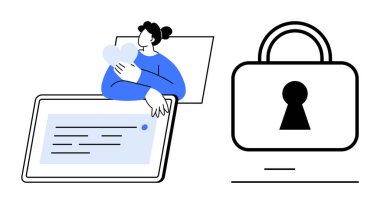Tablet ekranın yanında kalp şeklinde mesaj ve büyük bir asma kilit simgesi olan bir kadın. Veri gizliliği, çevrimiçi güvenlik, dijital koruma, teknoloji aşkı, siber güvenlik, güvenlik için ideal