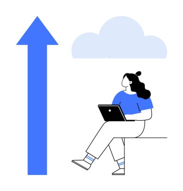 Dizüstü bilgisayarlı bir kadın, yukarı doğru büyük bir ok ve buluta bakıyor. Ticari büyüme, yenilik, üretkenlik, başarı, kariyer gelişimi, teknoloji, ilham teması için ideal. Satır metaforu