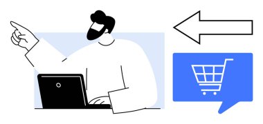 Dizüstü bilgisayarın başında oturan sakallı bir adam, büyük bir ok ve alışveriş arabalı mavi bir konuşma balonunun yanında. E-ticaret için ideal, çevrimiçi alışveriş, dijital pazarlama, iş