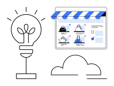 Ampul, tentenin altında poşet sergilenen online bir alışveriş platformunun yanındaki fikri temsil ediyor. Ekommerce, çevrimiçi perakende, pazarlama, girişimler, dijital çözümler, yenilikler için ideal