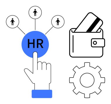 İnsan eli insan eliyle insan simgelerine bağlı HR tuşuna basar, yanında da kart ve vites sembolleri ile cüzdan. İdeal İK sistemleri, maaş bordrosu, çalışan yönetimi, iş operasyonları, finans, teknoloji