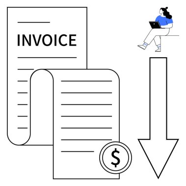 Fatura, dolar sembollü rulo kağıt, aşağı doğru ok, dizüstü bilgisayarlı kadın. Finans, çevrimiçi ödeme, bütçe, fatura, muhasebe, işletme yönetimi, dijital işlemler için ideal