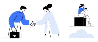 İşadamı ve iş kadını, çalışanlar bir küpün üzerinde telefon kullanarak el sıkışırken. İş için ideal, işbirliği, uzaktan çalışma, ortaklık, iletişim, takım çalışması. Satır metaforu