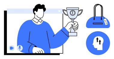 Video görüşmesi sırasında elinde bir kupa, etiketli bir çanta ve yukarı doğru oklarla kafası olan bir adam. Ticari başarı için ideal, çevrimiçi kutlamalar, e-ticaret, motivasyon, kariyer ilerlemesi, liderlik