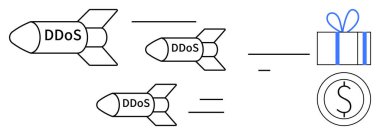 Füzeler DDoS etiketli bir hediye kutusunu ve bir dolar işaretini hedef alıyor. Siber güvenlik, internet güvenliği, saldırı hafifletme, çevrimiçi tehditler, veri koruması, finansal güvenlik ve bilişim desteği için ideal. Çizgi