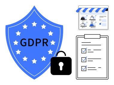 GDPR uyum kalkanı, kilit sembolü, uyumlu web sitesi düzeni ve mavi işaretli kontrol listesi. Veri gizliliği, siber güvenlik, yasal uyum, iş yönetmelikleri, çevrimiçi güvenlik için ideal