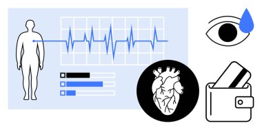 ECG çıktılı insan vücudu silueti, kalp ikonu, kartlı cüzdan ve gözyaşı damlası gözü. Sağlık, tıbbi araştırma, kardiyoloji, mali sağlık, yaşam tarzı stres yönetimi sağlığı için ideal