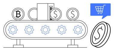 Otomatik üretim hattı Bitcoin ve Dolar sembolleri işliyor, dişliler de makineleşmeyi gösteriyor. Alışveriş arabası ikonu mavi konuşma balonunda. Fintech, e-ticaret, kripto para birimi için ideal