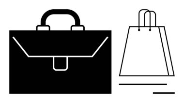 Alışveriş çantasının yanında bir iş çantası. Ticari, perakende, e-ticaret, ticaret, kurumsal markalaşma, pazarlama ve lojistik için ideal. Satır metaforu