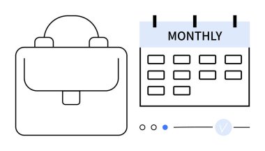 İş çantası, altında zaman çizelgesi olan aylık takvimin yanında. İş için ideal, planlama, planlama, organizasyon, teslim tarihleri, görevler, verimlilik. Satır metaforu