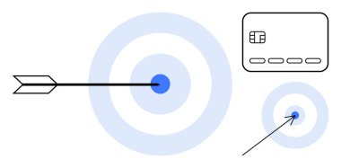 Hedefleri oklarla vurmak, basitleştirilmiş kredi kartı görüntüsü. Finansal hizmetler, kredi oluşturma, hassas pazarlama, hedef belirleme, finansal planlama, müşteri hedefleme, iş