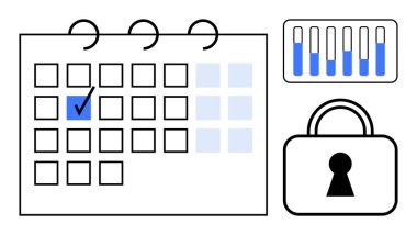 İşaretli tarihli takvim, ilerlemeyi gösteren çubuk grafik ve güvenliği gösteren asma kilit. Proje yönetimi, üretkenlik, zaman yönetimi, veri izleme, organizasyon, hedef belirleme için ideal