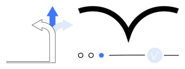 Mavi ve gri oklar yukarı, siyah V şekli, daireler, çizgi ve işaret. İş stratejisi, büyüme, tercihler, soyut sanat tasarımı düşünce navigasyonu için ideal. Satır metaforu