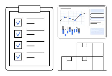 İşaretli kutuların olduğu pano kontrol listesi, grafikte veri analizi ve istiflenmiş karton kutular. Envanter kontrolü, lojistik, tedarik zinciri, depo yönetimi, iş planlaması için ideal