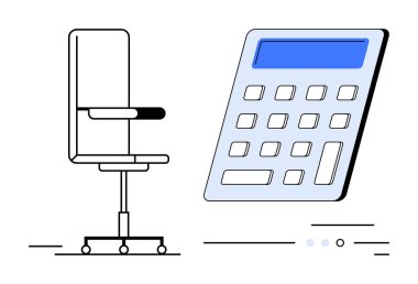 Büyük bir hesap makinesinin yanındaki ofis sandalyesi finansal planlama ve verimliliği vurguluyor. Finans temaları, ofis dekorasyonu, üretkenlik, hesaplamalar, kurumsal sunumlar, bütçe oluşturma, zaman
