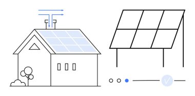 Çatı güneş panelleri ve bitişik yere monte edilmiş güneş paneli olan ev. Sürdürülebilirlik, yenilenebilir enerji eğitimi, çevre dostu yaşam, yeşil teknoloji, konut enerjisi için ideal