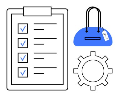 Listeli pano, etiketli mavi alışveriş çantası ve vites simgesi. Üretkenlik, organizasyon, perakende, alışveriş, lojistik planlama ve işlemler için ideal. Satır metaforu
