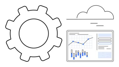 Büyük dişli dişli, stilize bulutlu ve mavi temalı grafikleri olan gösterge paneli. Teknoloji, yenilik, veri analizi, bulut hesaplama, iş stratejisi, dijital dönüşüm, süreç için ideal
