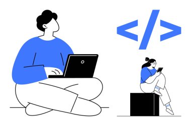 Dijital aktivitelere katılan iki birey. Biri dizüstü bilgisayarda yazıyor, diğeri akıllı telefon kullanıyor. Eğitim, uzaktan çalışma, teknoloji, programlama, yazılım geliştirme, iletişim için ideal