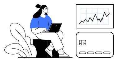 Bitkilerin yanına dizüstü bilgisayar kullanan bir kadın, ekranda finans hattı grafiği ve kredi kartı simgesi. İş, finans, bankacılık, teknoloji, analitik, yatırım bütçesi için idealdir. Satır metaforu