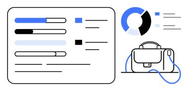İlerleme çubukları ve çizelgesi detaylı bir evrak çantasının yanında veri analizini temsil ediyor. İş stratejisi, proje yönetimi, ofis işi, şirket sunumları, mali raporlama, eğitim için ideal