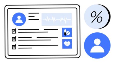 Kullanıcı profili, tıbbi kontrol listesi, kalp atış hızı grafiği, yüzde ve ilaç ikonları gösteren dijital sağlık kayıtları. Sağlık yönetimi için ideal, tıbbi uygulamalar, teletıp, hasta verileri, sağlık