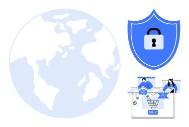 Kilitli bir kalkanın ve online alışveriş yapan insanların olduğu bir dünya. Siber güvenlik, e-ticaret, dijital işlemler, küresel işletme, veri koruması, çevrimiçi ödemeler, güvenli ağlar için idealdir. Çizgi