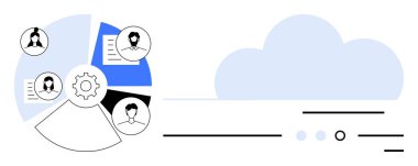 Kullanıcı profillerini birleştiren teçhizat, bir pasta grafiğindeki belgeler, bulut sembolü, çizgiler ve noktalar. Takım çalışması, uzaktan çalışma, proje yönetimi, HR, dijital depolama, teknolojik çözümler, çevrimiçi iletişim için ideal