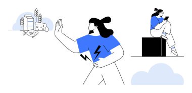 Mide ağrısı nedeniyle peynir ve süt ürünlerini reddeden şahıs tablet üzerinde çalışan birinin yanında gıda hassasiyetine işaret ediyor. Sağlık konuları, gıda alerjileri, beslenme eğitimi, dijital