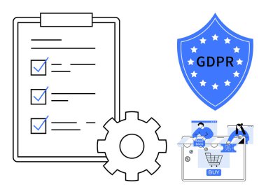 GDPR kalkan amblemi, kontrol işaretli listeler, vites simgesi ve çevrimiçi bir mağazada iki müşteri. Veri gizliliği, güvenlik, yönetmelikler, uyum, e-ticaret müşteri koruması dijital için ideal