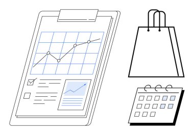 Panodaki performans grafiği, alışveriş çantası ve takvim. İş planlaması, perakende stratejisi, programlama, veri analizi, piyasa araştırması üretkenlik lojistiği için ideal. Satır metaforu