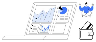 Finansal veriler grafikler ve grafiklerle dizüstü bilgisayarda gösteriliyor. Cüzdanında kartlar, meditasyon yapan biri var. Finansal analiz, iş planlaması, kişisel finans, üretkenlik, sağlık için ideal