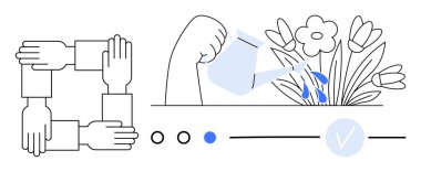 Bir kare oluşturan birbirine bağlı eller, çiçekleri sulayan bir el, işaretli ilerleme noktaları. Takım çalışması, işbirliği, inatçılık, büyüme ve gelişim için ideal. Satır metaforu