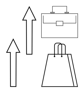 İlerleme, kariyer ve ticareti temsil eden evrak çantası ve alışveriş çantasına doğru yükselen iki ok. İş büyümesi, kariyer ilerlemesi, perakende gelişimi, ekonomik eğilimler ve piyasa analizi için ideal